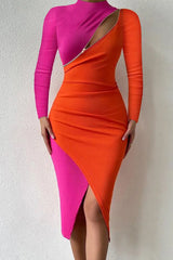 Colorblock Zip Detail Long Sleeve Bodycon Dress