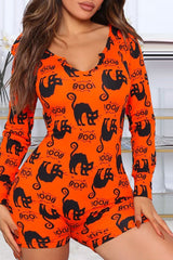 Halloween Long Sleeve Cat Letter Print Skinny Romper