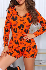 Halloween Long Sleeve Cat Letter Print Skinny Romper