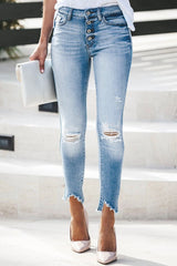 Buttoned Pocket Design Ripped Cutout Denim Pants