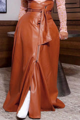 PU Leather Slit Maxi Skirt With Belt