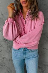 Pink Washed Snap Buttons Lantern Sleeve Pullover Sweatshirt