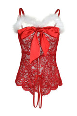 Christmas Bowknot Decor Fuzzy Trim Crotchless Lace Teddy