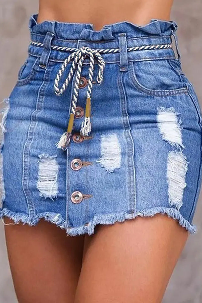 Frill Hem Ripped Pocket Decor Denim Skirt