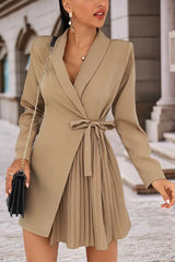 Tied Detail Long Sleeve Pleated Work Dress