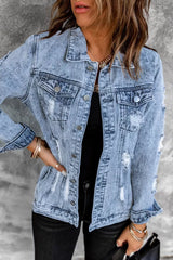 Gray Distressed Buttons Washed Denim Jacket