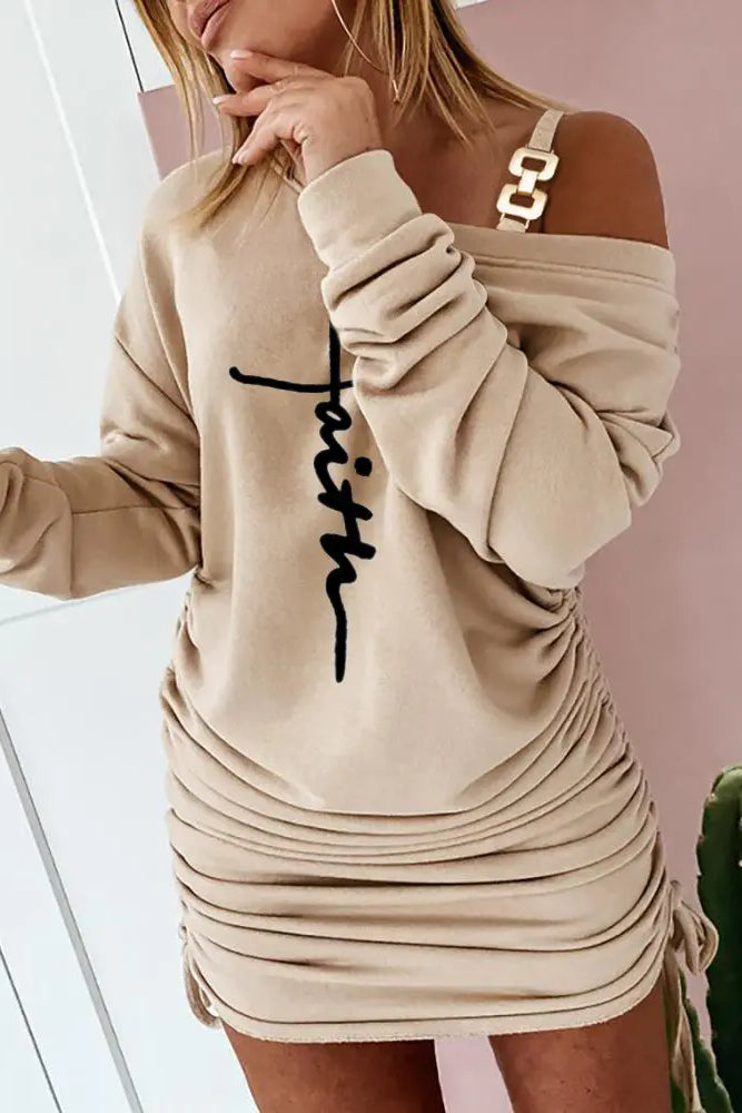 Letter Print Cold Shoulder Drawstring Long Sleeve Dress