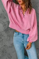 Pink Washed Snap Buttons Lantern Sleeve Pullover Sweatshirt