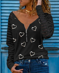 Long Sleeve Zipper Design Heart Print Top