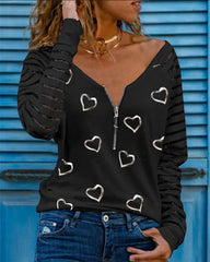 Long Sleeve Zipper Design Heart Print Top