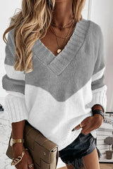 Colorblock Long Sleeve V Neck Knit Sweater