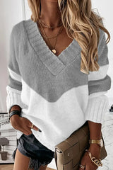 Colorblock Long Sleeve V Neck Knit Sweater