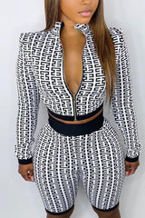 Geo Print Zip Up Crop Top & Shorts Set