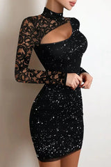 Glitter Contrast Lace Cutout Bodycon Dress