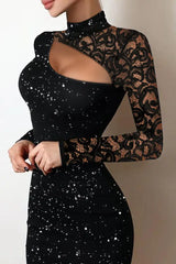 Glitter Contrast Lace Cutout Bodycon Dress