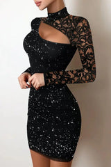 Glitter Contrast Lace Cutout Bodycon Dress