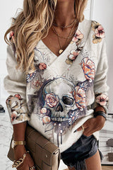 Halloween Skull Floral Print Long Sleeve Top