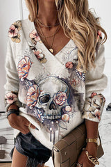 Halloween Skull Floral Print Long Sleeve Top