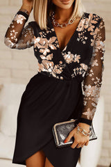 Contrast Sequin Sheer Mesh Long Sleeve Party Dress