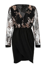 Contrast Sequin Sheer Mesh Long Sleeve Party Dress