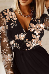 Contrast Sequin Sheer Mesh Long Sleeve Party Dress