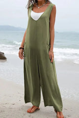 Sleeveless Pocket Design Wide Leg Suspender Jumpsuit