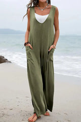 Sleeveless Pocket Design Wide Leg Suspender Jumpsuit