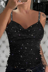 Rhinestone Glitter Cowl Neck Cami Top