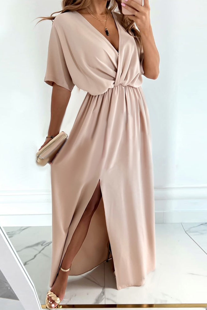 V-Neck Split Thigh Wrap Maxi Dress