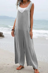 Sleeveless Pocket Design Wide Leg Suspender Jumpsuit