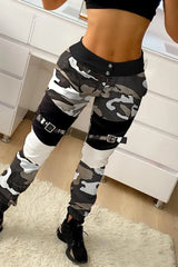 Buttoned Camouflage Print Buckle Cargo Pants