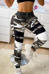 Buttoned Camouflage Print Buckle Cargo Pants