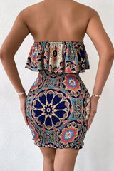 Tribal Print Ruffle Hem Shirred Bodycon Tube Dress