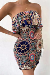 Tribal Print Ruffle Hem Shirred Bodycon Tube Dress