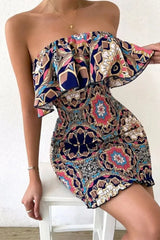 Tribal Print Ruffle Hem Shirred Bodycon Tube Dress