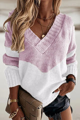 Colorblock Long Sleeve V Neck Knit Sweater