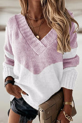 Colorblock Long Sleeve V Neck Knit Sweater