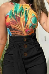 Button High Waist Belted Shorts