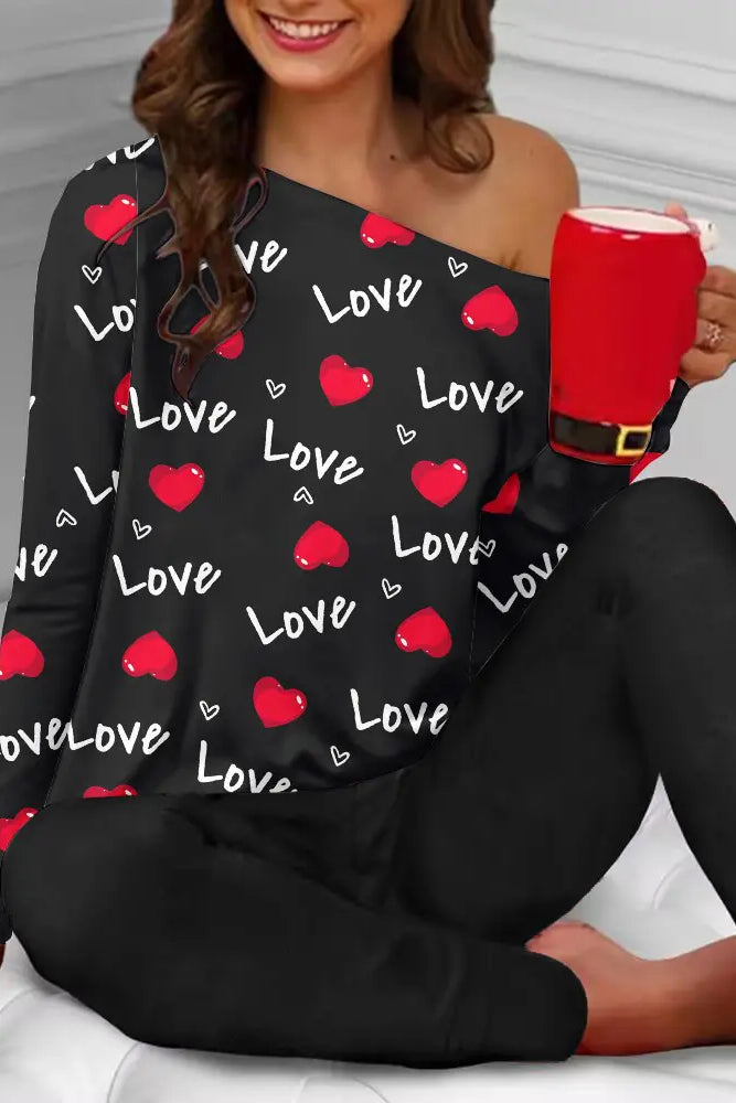 Valentine's Day Heart Letter Print Long Sleeve Pajamas Set