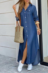 Long Sleeve Buttoned Denim Shirt Dress