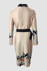 Floral Print Long Sleeve Tie Detail Work Dress With Belt