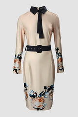 Floral Print Long Sleeve Tie Detail Work Dress With Belt