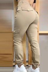 Buttoned Pockets Design Solid Casual Pants