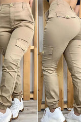 Buttoned Pockets Design Solid Casual Pants