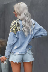 Sky Blue Leopard Splicing Cropped Denim Jacket with Pocket