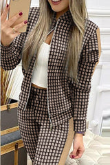 Plaid Print Zip Up Jacket & Drawstring Pants Set