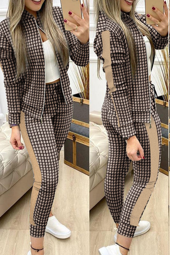 Plaid Print Zip Up Jacket & Drawstring Pants Set