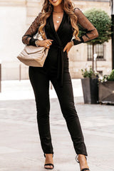 Sheer Mesh V-Neck Long Sleeve Jumpsuit