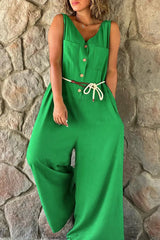 Button Front Wide Leg Sleeveless Jumpsuit