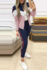 Colorblock Letter Tape Jack & Drawstring Pants Set